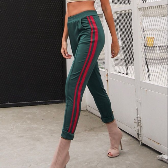 🆕🌸 Green Stretch Pants With Red Vertical Stripes - Picture 3 of 5